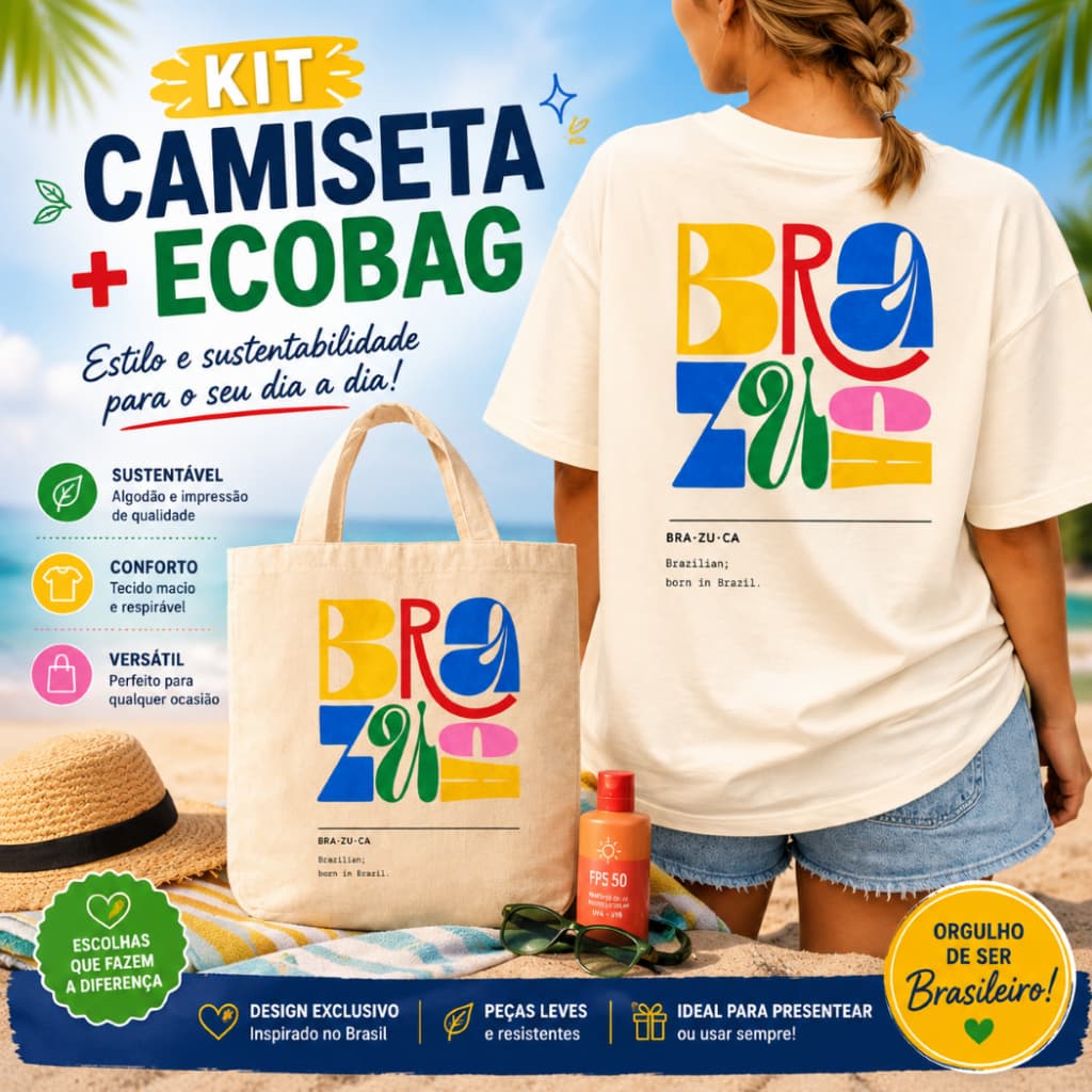 Kit Camiseta Oversized + Ecobag Brazuca Brasil Verão Praia Moda Feminina Colorida.