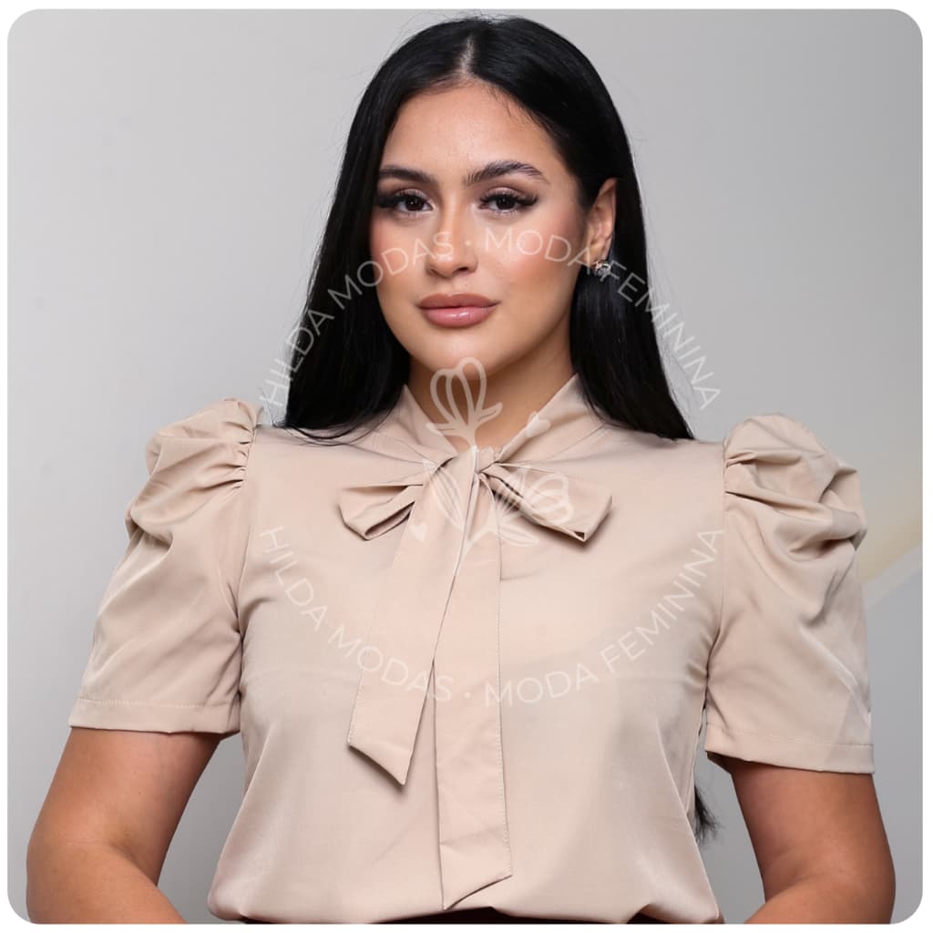 Blusa Feminina Social Manga Curta Bufante Princesa com Gravata laço lacinho Moda evangélica
