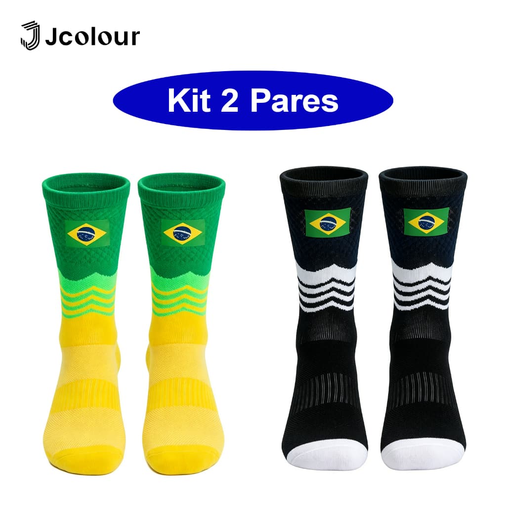 kit 2 pares Meia Brasil Cano Alto Copa do Mundo Meia Bandeira Brasil 40 ao 46