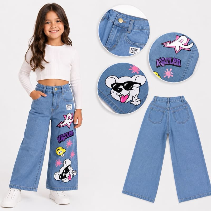 Calça Jeans Wide Leg Infantil Emily Vick Feminina Estampada Moda Blogueirinha 2 ao 14