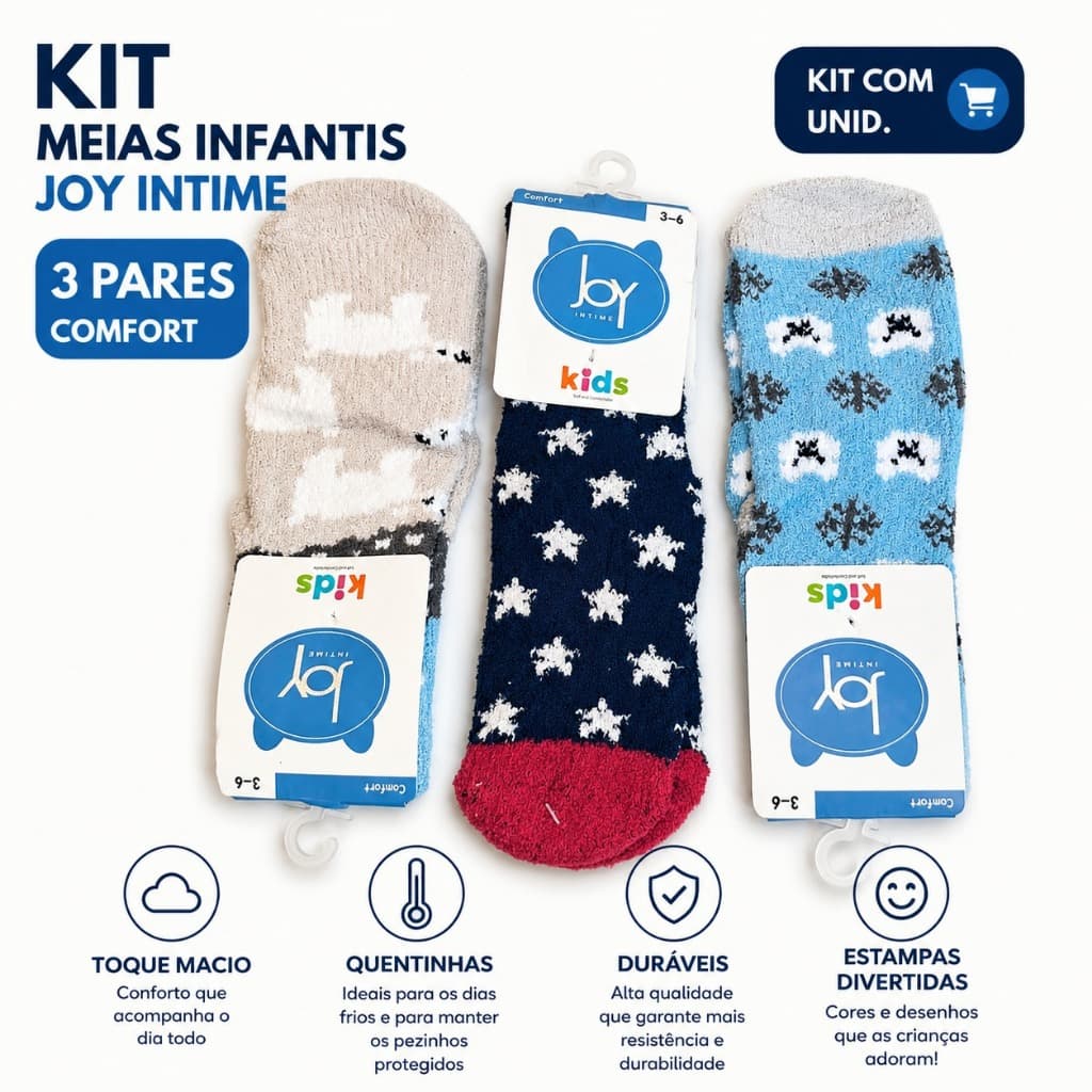 Kit 3 Pares Meias Infantis KDS Antiderrapantes Meninos e Meninas Cano Curto Peluciadas Antissuor Conforto Térmico