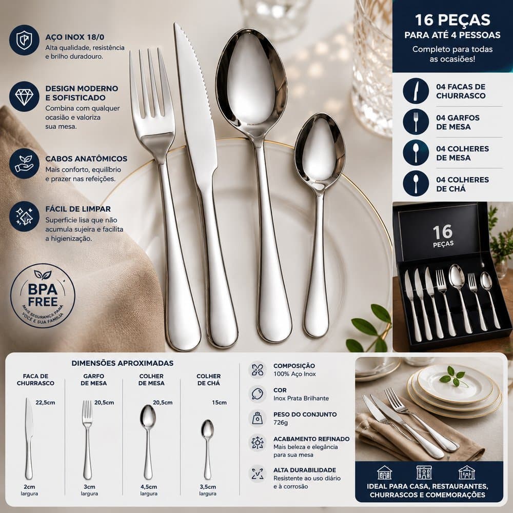 Jogo Talheres Inox Premium 16 24 70 Conjunto de Talheres Peças Com Maleta Faqueiro Mesa Posta