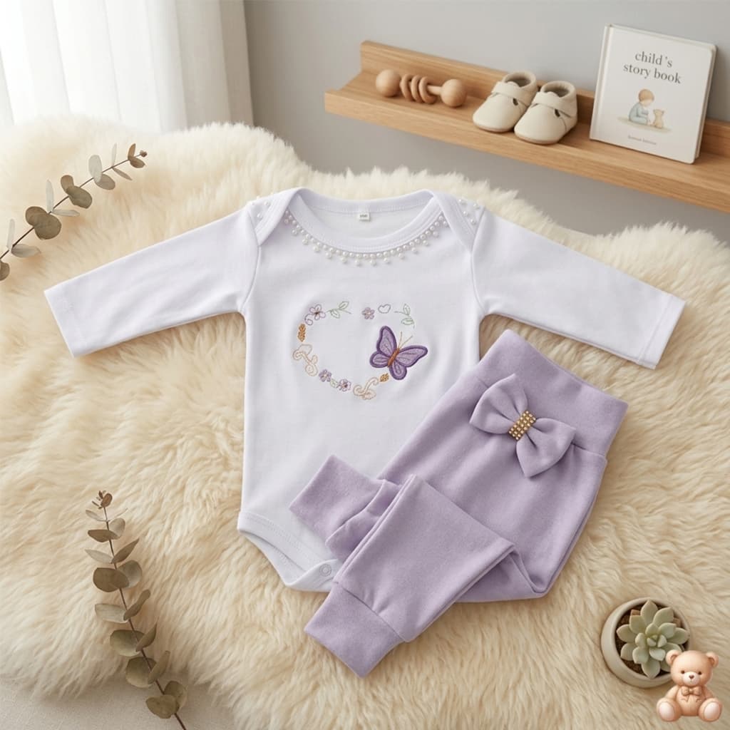 Conjunto Bebê Manga Longa Body Bordado com Calça e Laço Gomes Baby