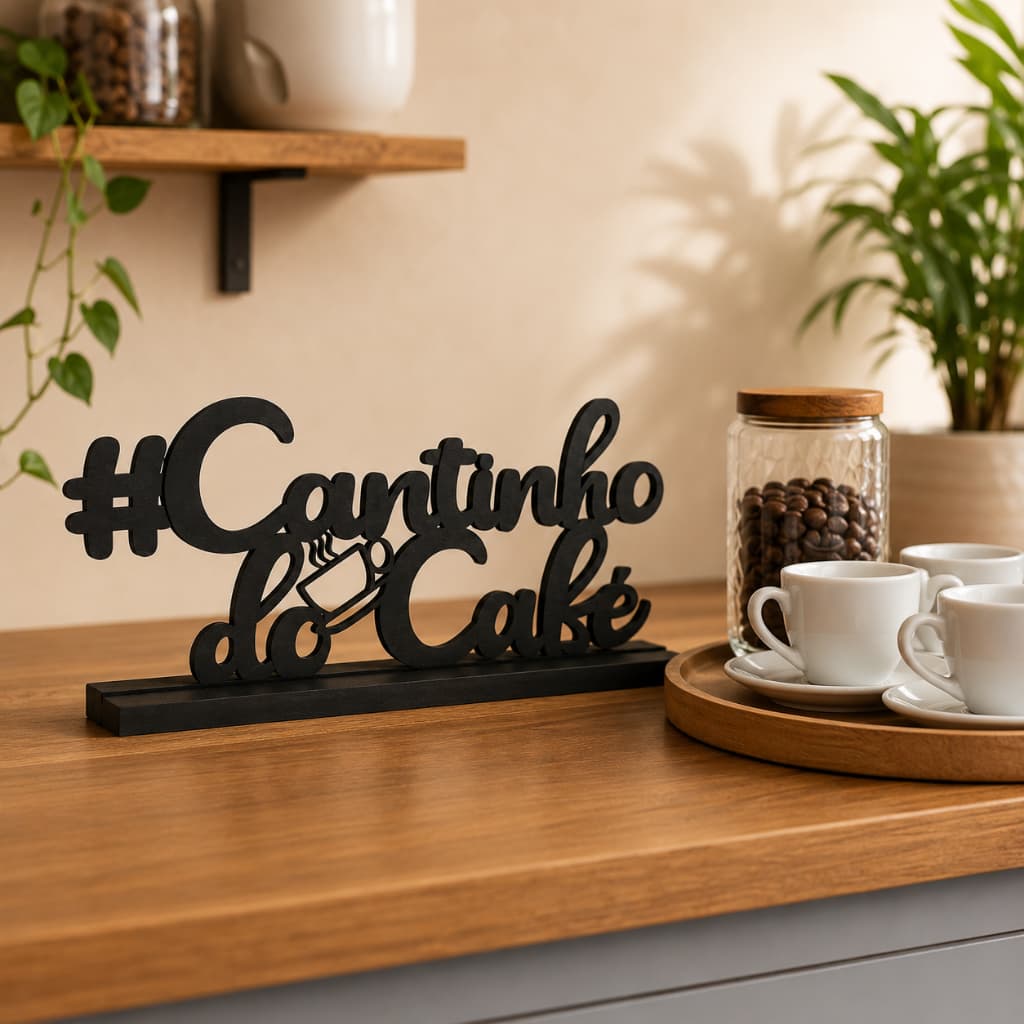 Frase Decorativa Cantinho Café 400x180mm Preto MDF Placa Parede Decoração Cozinha