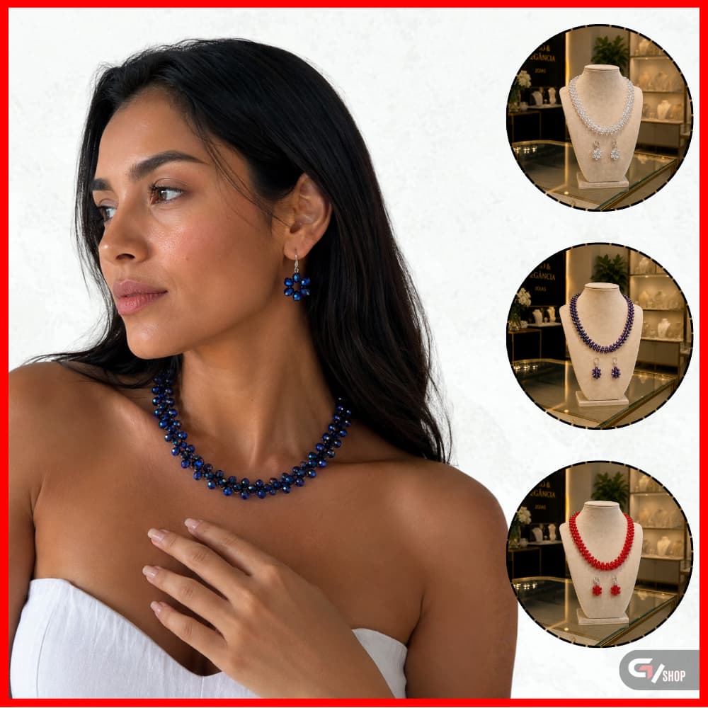 Conjunto Colar e Brincos Cristal Artesanal Feminino Luxo Festa Casamento Elegante Diversas cores