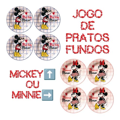 Jogo 4 Pratos Fundos de Cerâmica Mickey ou Minnie Avon
