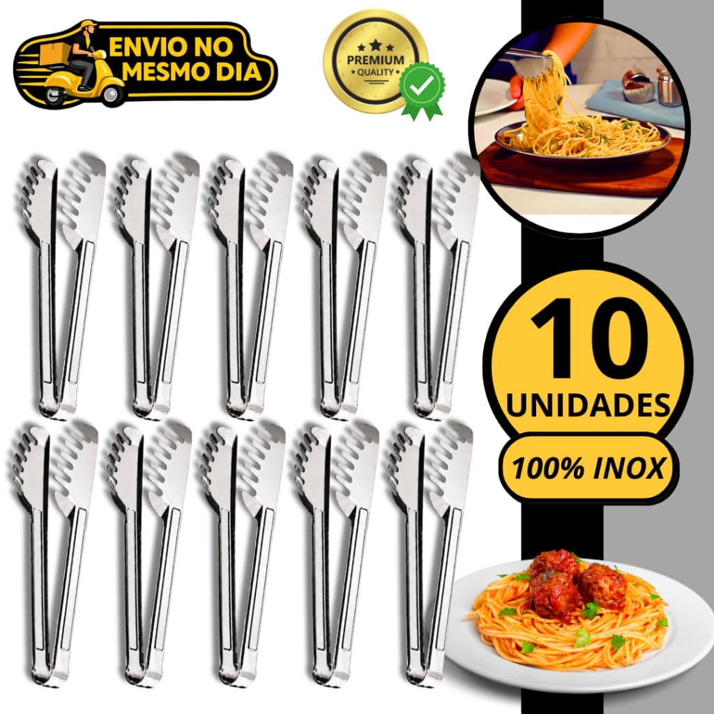 KIT 5 10 Pegador de Massas Alimentos 20cm 100% Aço Inox Pinça Multiuso para Massa Macarrão Salada Churrasco Cozinha