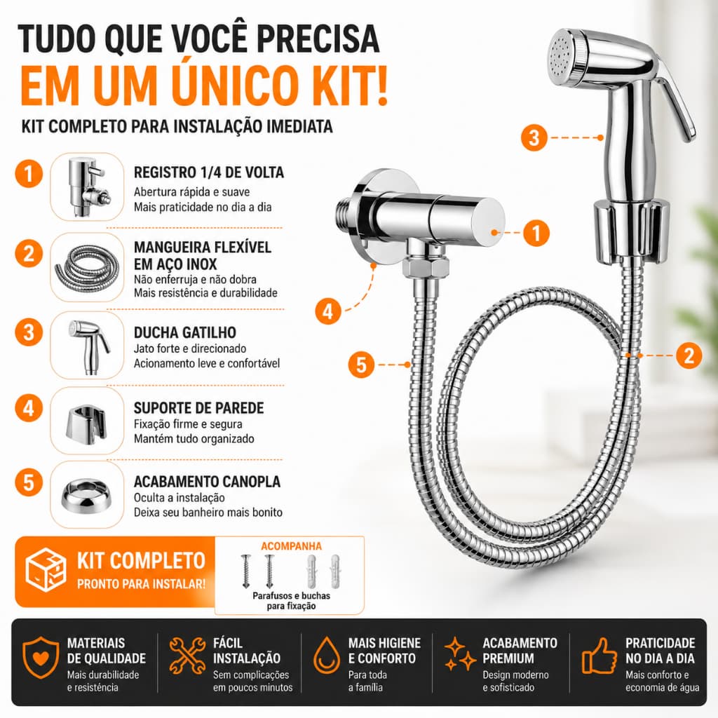 Duxa Higiênica Registro Aço Inox Super Luxo 1/4 Volta