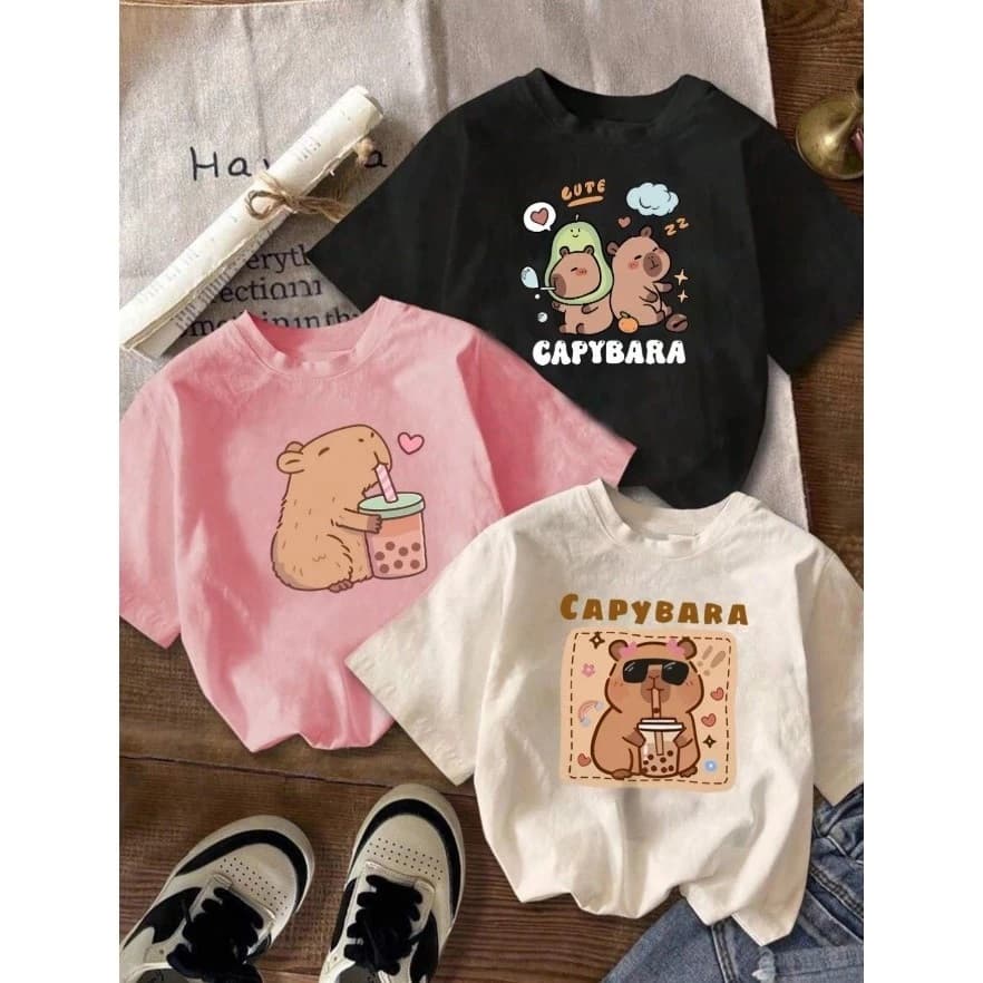 Kit 3 Camiseta Infantil Capivara Fofa Estampa Divertida e Confortável
