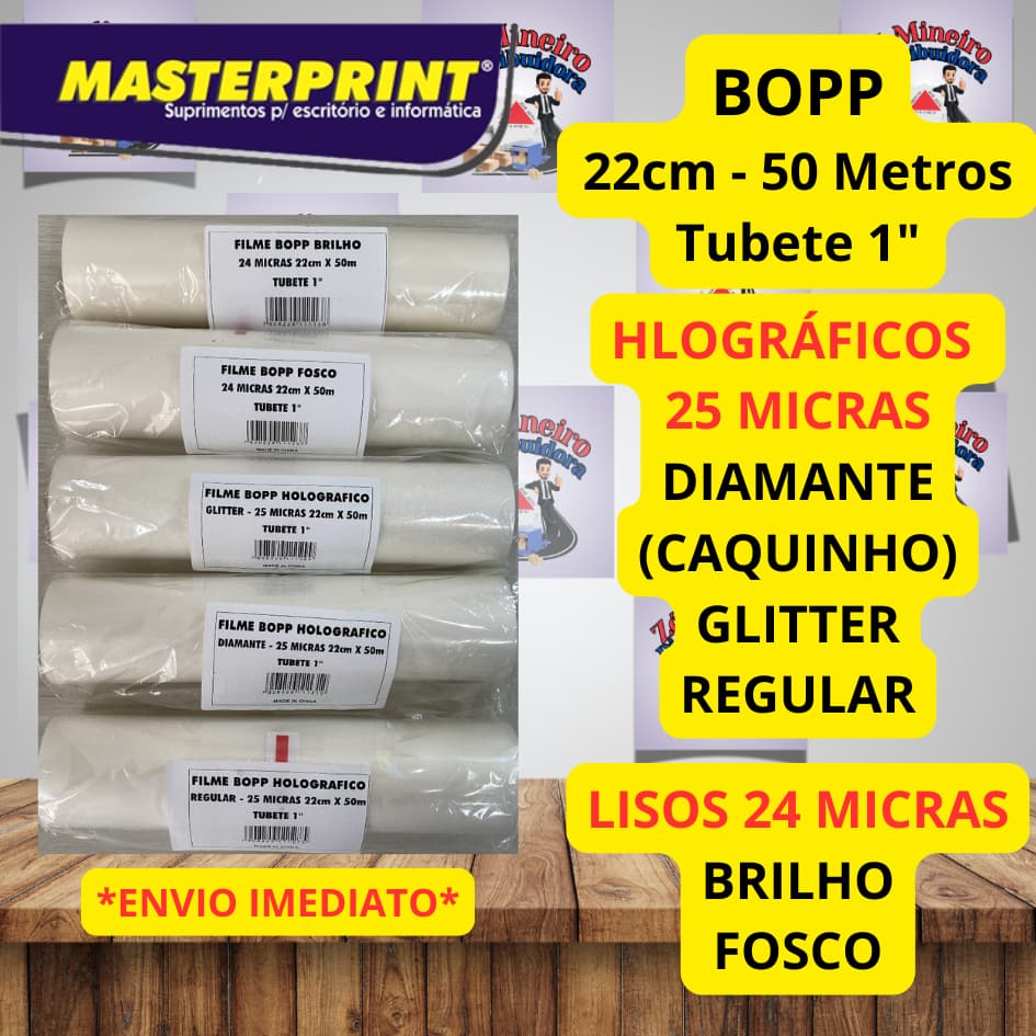 Filme BOPP 50 Metros Holografico e Liso Brilho/Fosco 22cm Masterprint Tubete 1" Caquinho, Glitter
