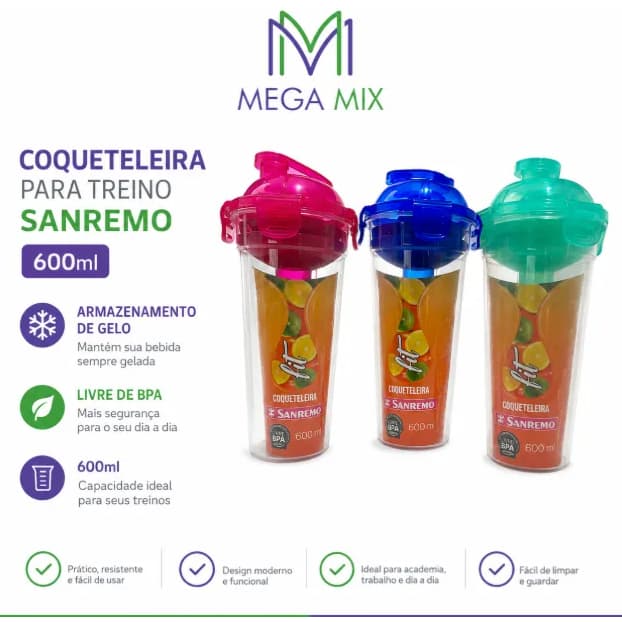 Coqueteleira Sanremo 600ml c/3PC  Espremedor de frutas/suporte de espremedor/armazenamento de gelo