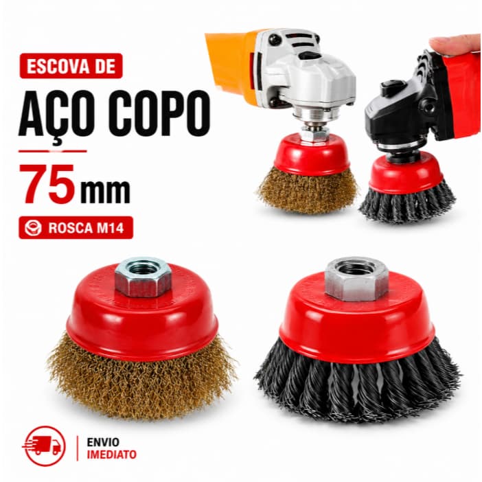Escova de Aço para Esmerilhadeira Tipo Copo 75mm M14 Remoção de Ferrugem e Tinta