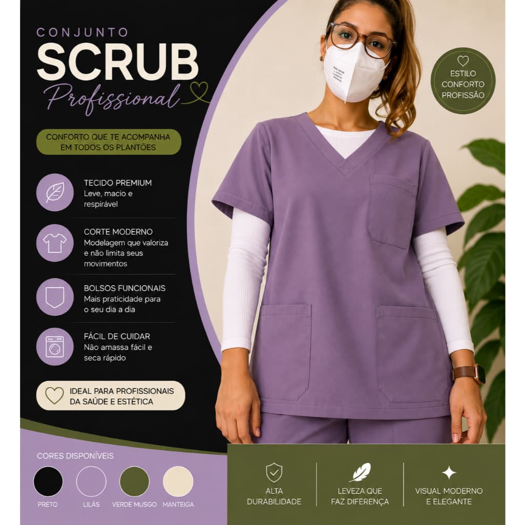 Pijama Cirúrgico Scrub Feminino Tricoline Com Elastano. Lilas