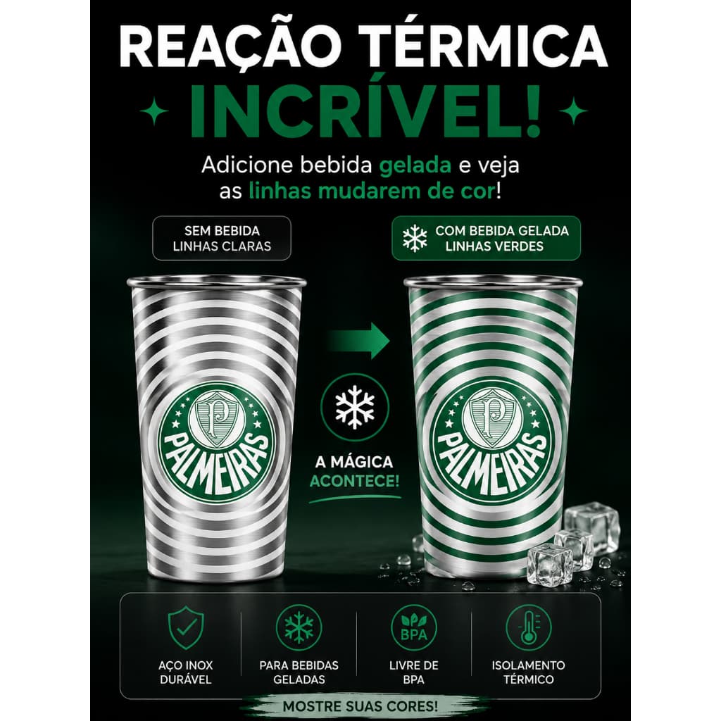 Copo de Inox Palmeiras 450ml com Efeito Térmico Oficial