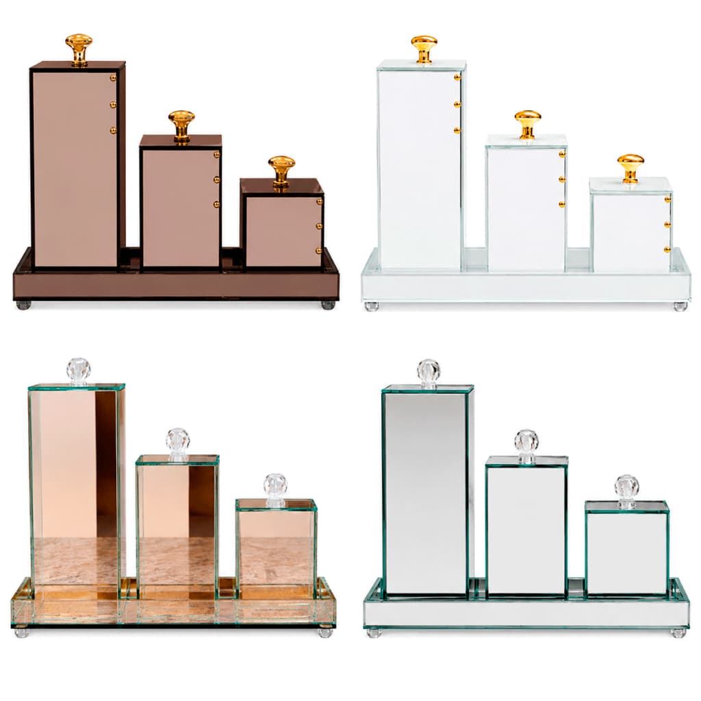 Conjunto Pia Banheiro Kit Lavabo Luxo Trio Organizador Vidro Artesanal Com Bandeja 3 Potes Quadrado
