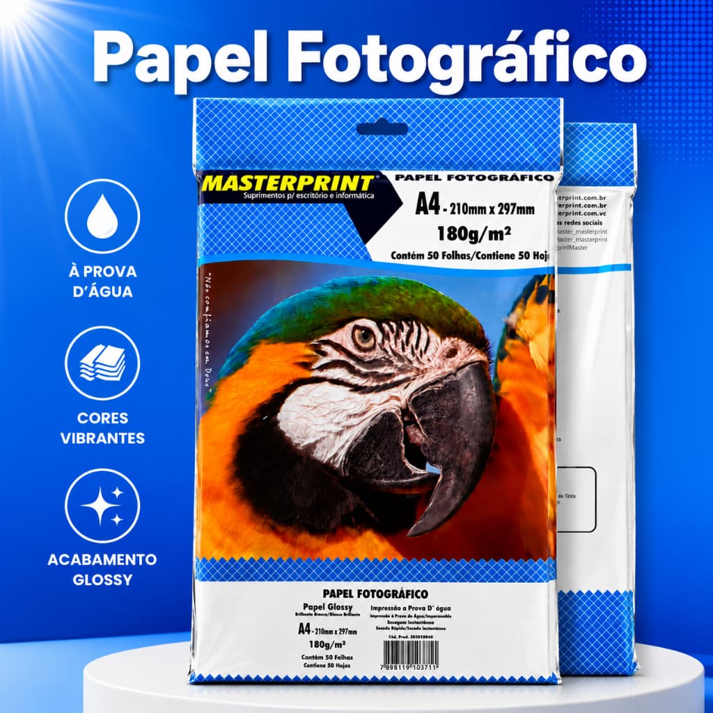 Papel Fotográfico Masterprint Glossy A4 180g - Á Prova D'água, Secagem Rápida Papel Fotográfico Alta Resolução