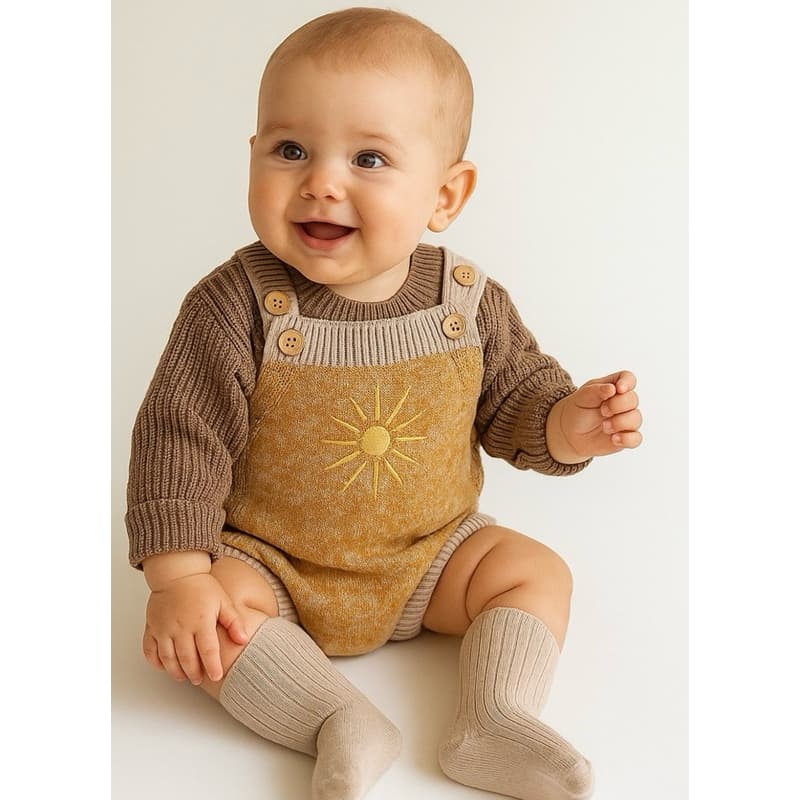 Macacão Infantil | Romper Bebê Tricot Sol Unissex | Bordado à Mão | Alças Ajustáveis | 0-3 a 12 Meses