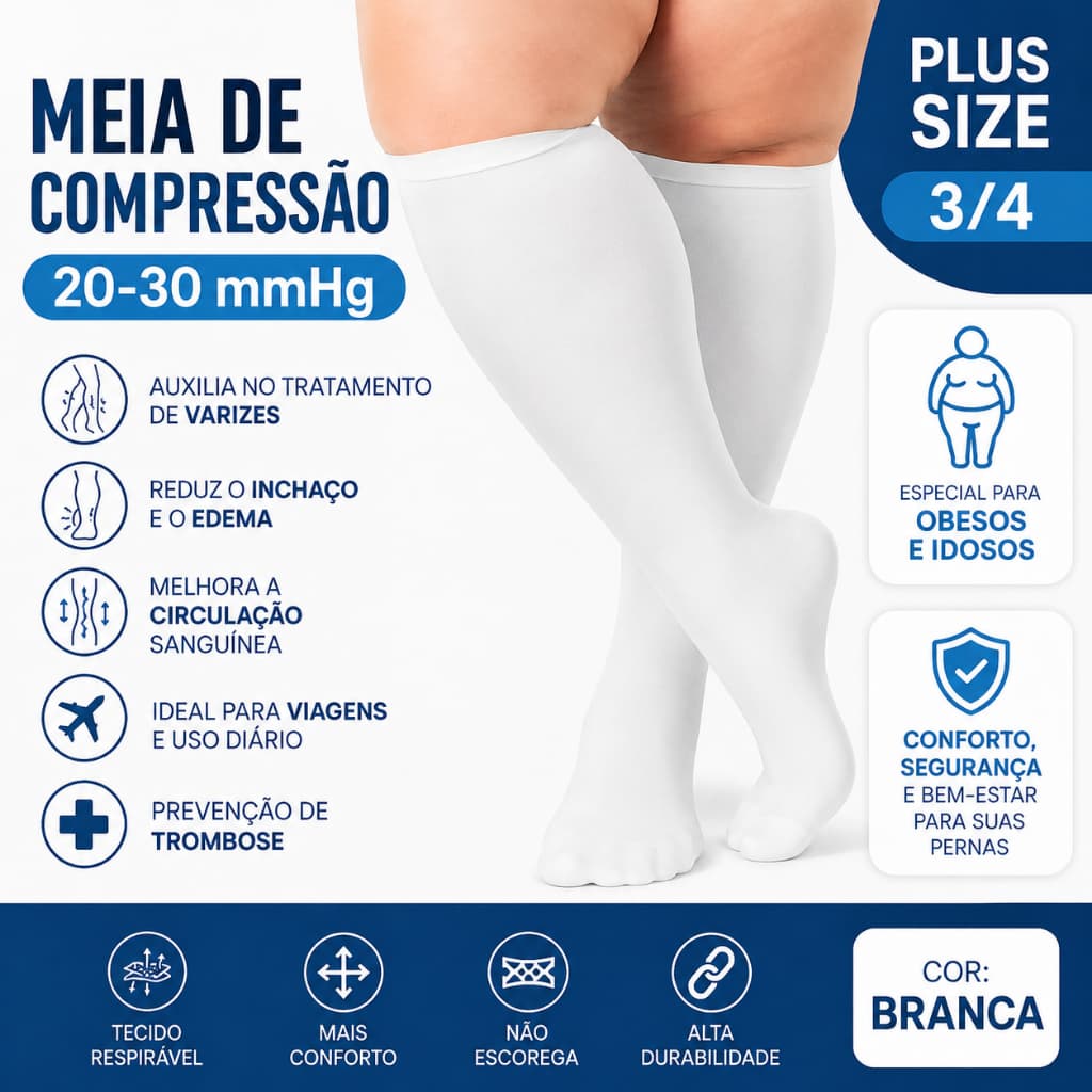 Meia de Compressão 20-30mmHg BRANCA 3/4 Plus Size Unissex Varizes Edema Circulação Pernas Inchadas - OMG! Skintech