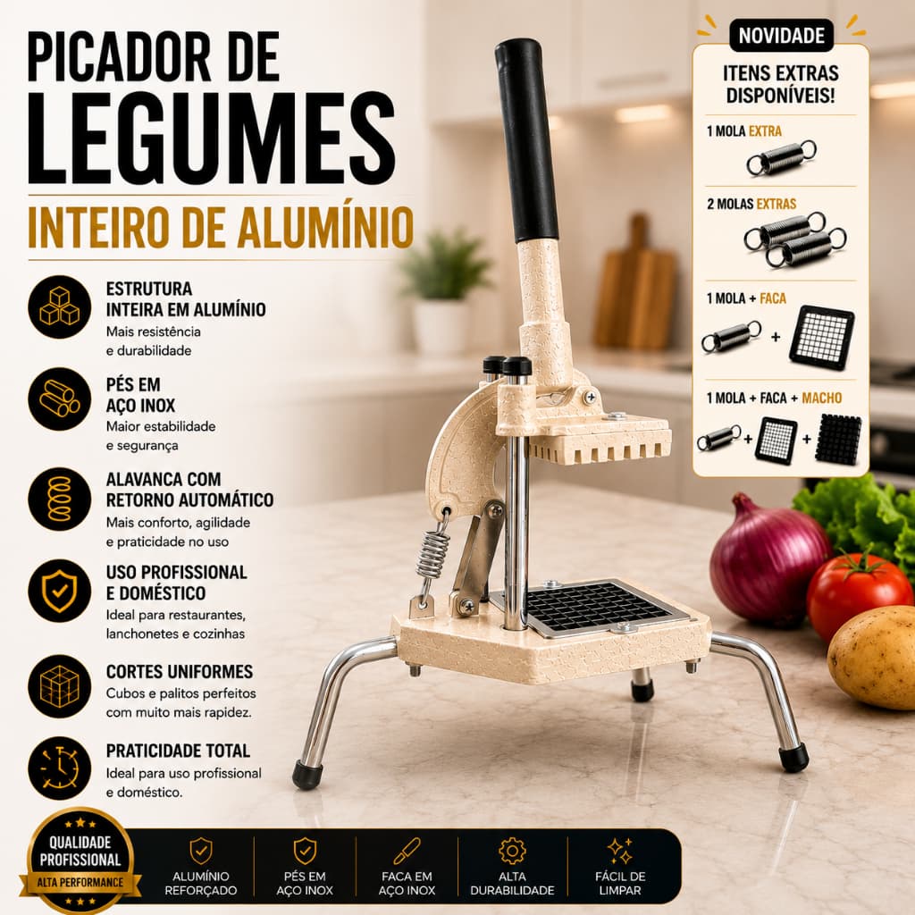 Picador de Legumes Profissional Inteiro de Alumínio com Pés Inox Corte em Cubos e Palitos