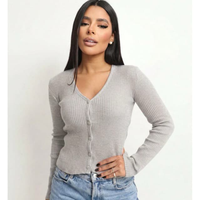 Cardigan slim em malha Canelado justo Tricot Casaquinho Blusa Feminina Manga comprida Botão aberta elegante