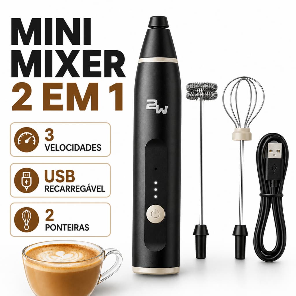 Batedeira Portátil Mixer Elétrico Recarregável 3 Velocidades com Batedor Fouet e Espumador de Leite