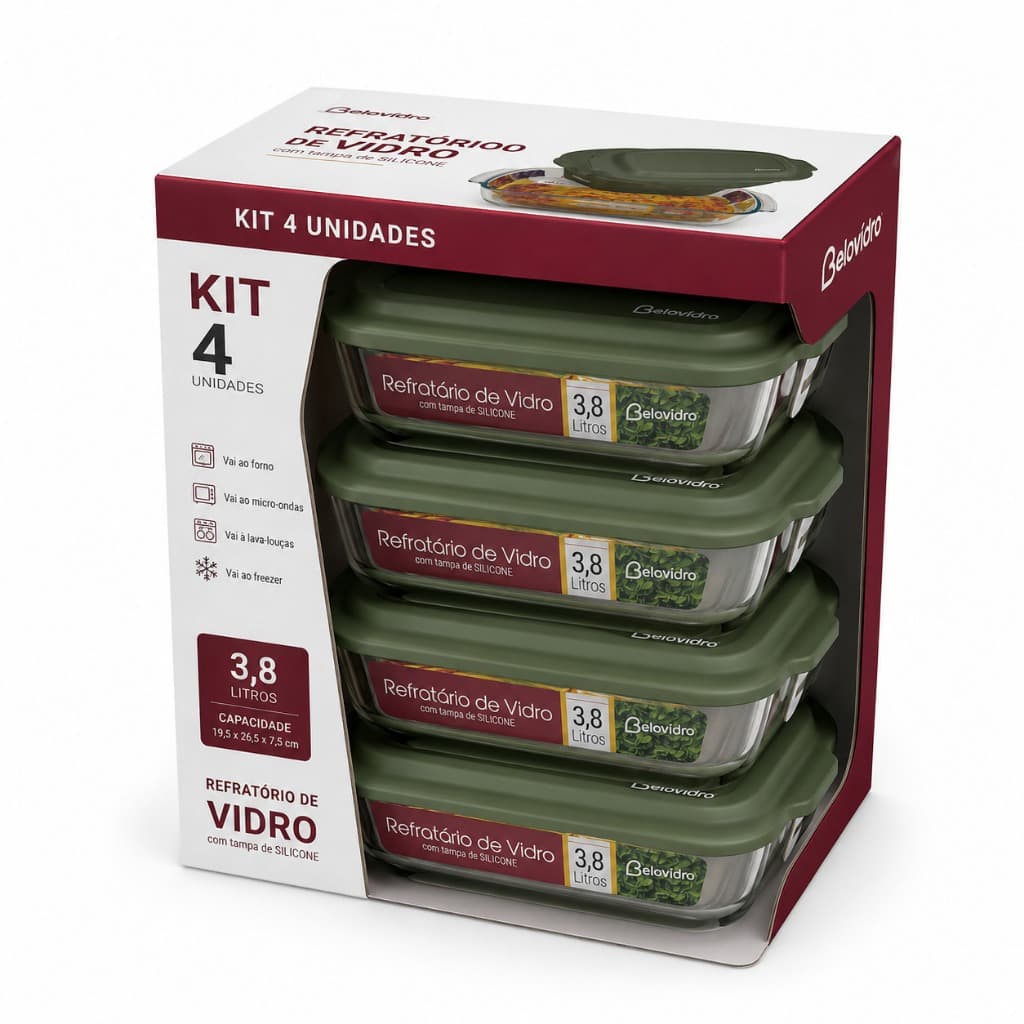 Kit 4 Refratários de Vidro 3,8L Assadeira Travessa Grande para Forno Mesa e Cozinha Belakaza