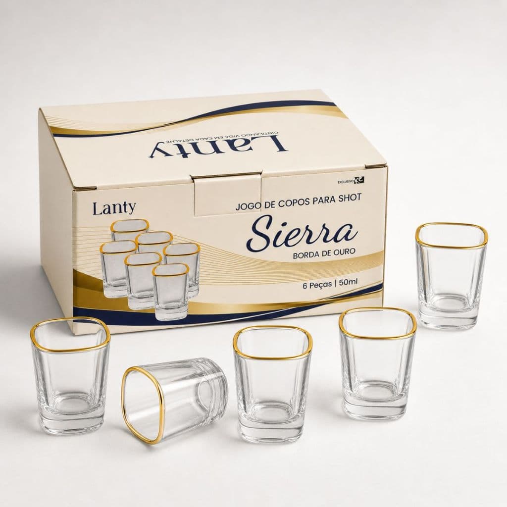 Kit Jogo de Copos para Shot Dose Borda de Ouro 6 Peças 50 ml Elegante Festa Bebidas Bar Tequila Cachaça Vidro