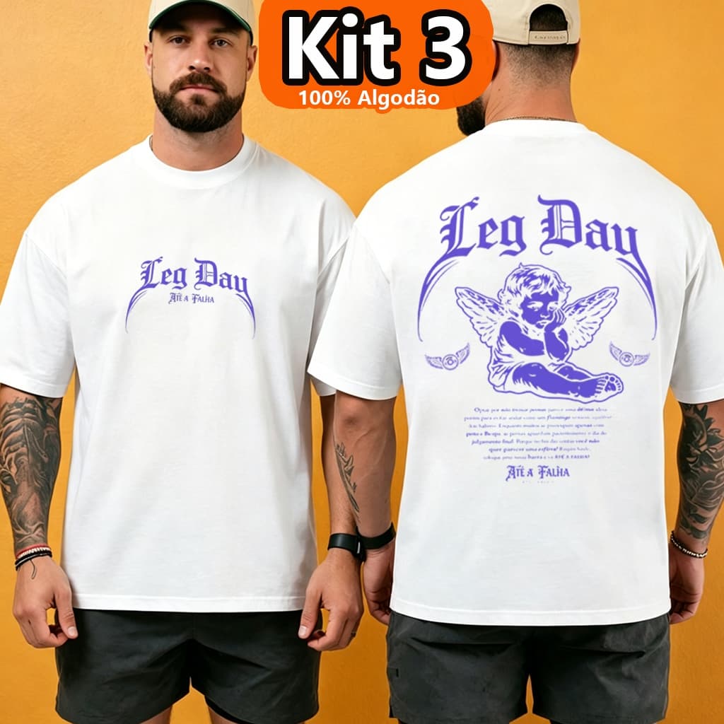 Kit 3 Camiseta Masculina Oversized Leg Day 100% Algodão Estampa Gótica Roxa Angel Fitness Streetwear Plus Size