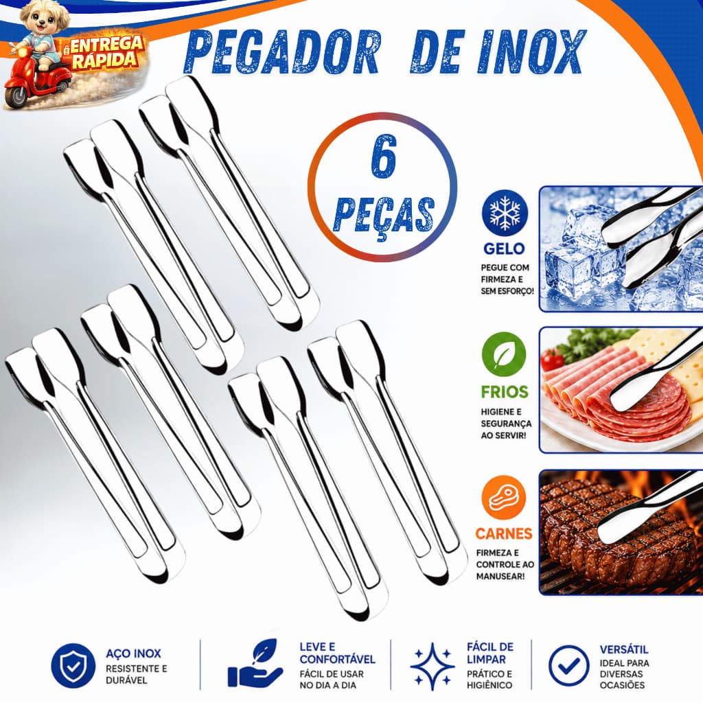 Kits 6 Pegadores Multiuso Inox Profissional Para Buffet Restaurantes Padaria Saladas Frios Churrasco