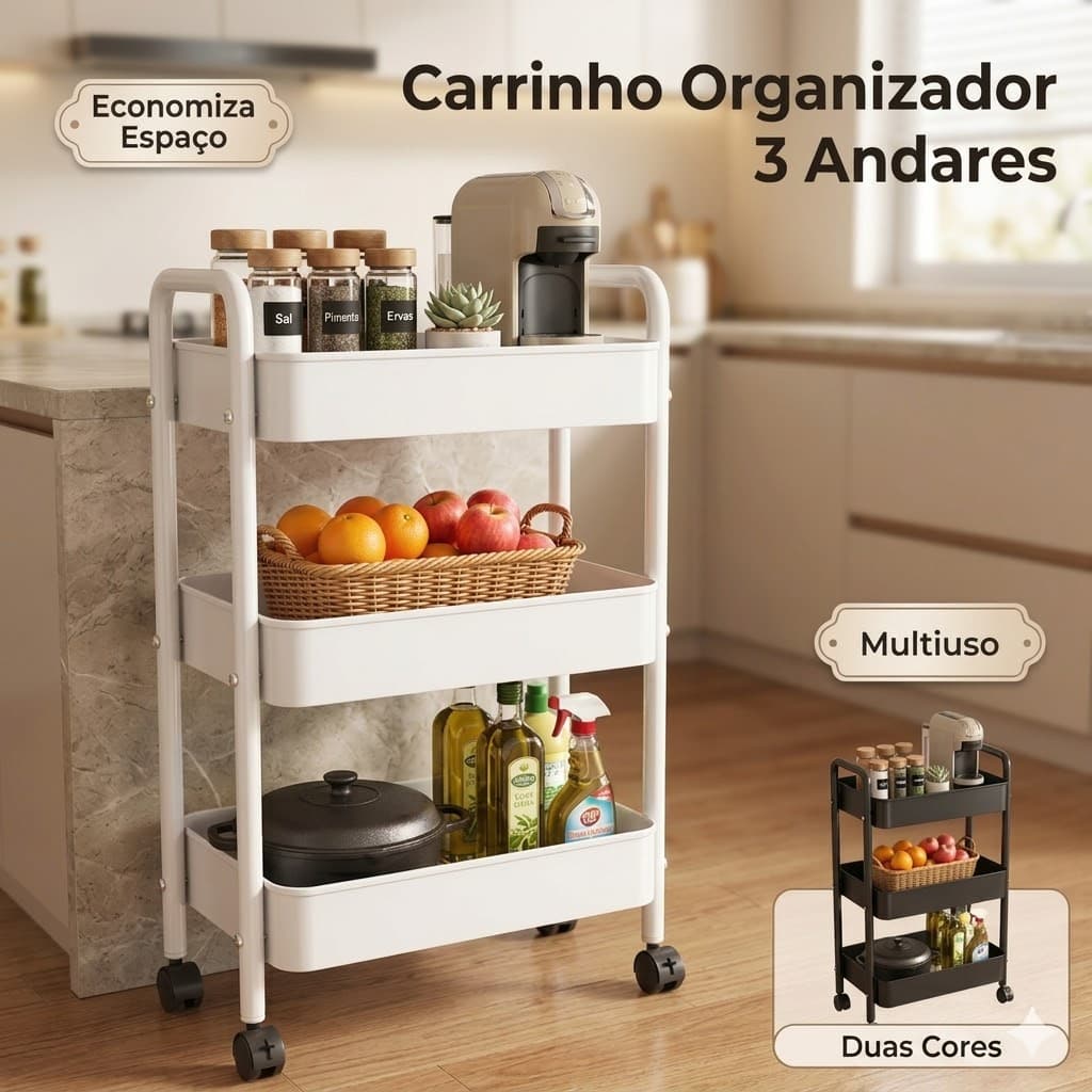 Carrinho Organizador 3 Andares em Aço Espessados Organização em Camadas e Roda com Trava Metal Prateleira