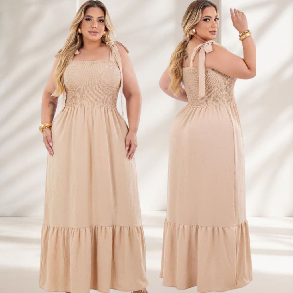 Vestido Longo Plus Size  Lastex Alça Amarração Festa Casual 46 AO 54. 1 Maria Moda Maior Moderno Chic.
