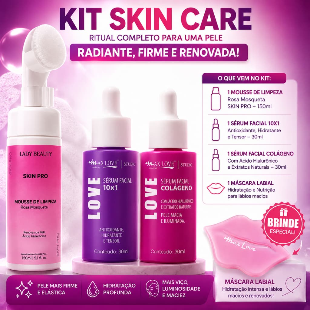 Kit Skincare Facial Completo Limpeza e Hidratação Sérum Colágeno Sérum 10x1 Mousse Facial Rosa Mosqueta Brinde Labial