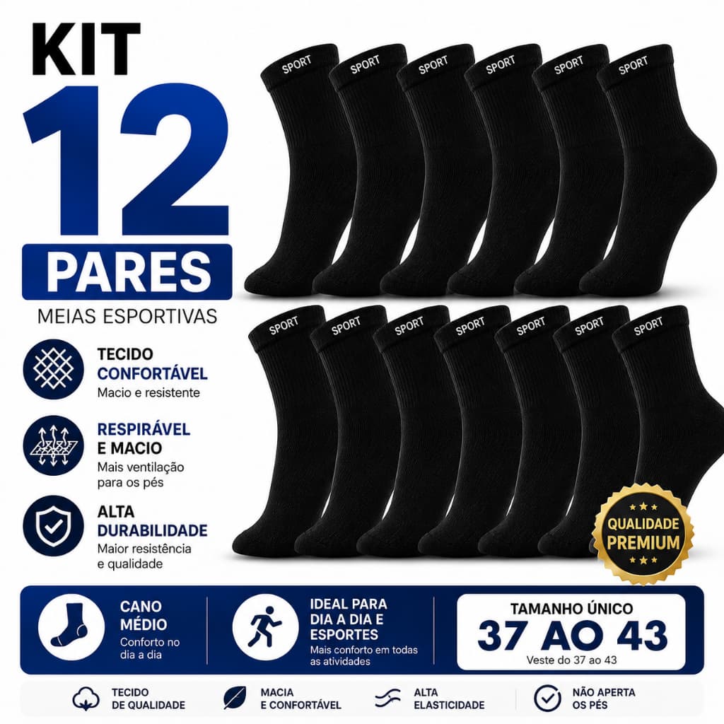 kit com 12 pares de meias sport preta