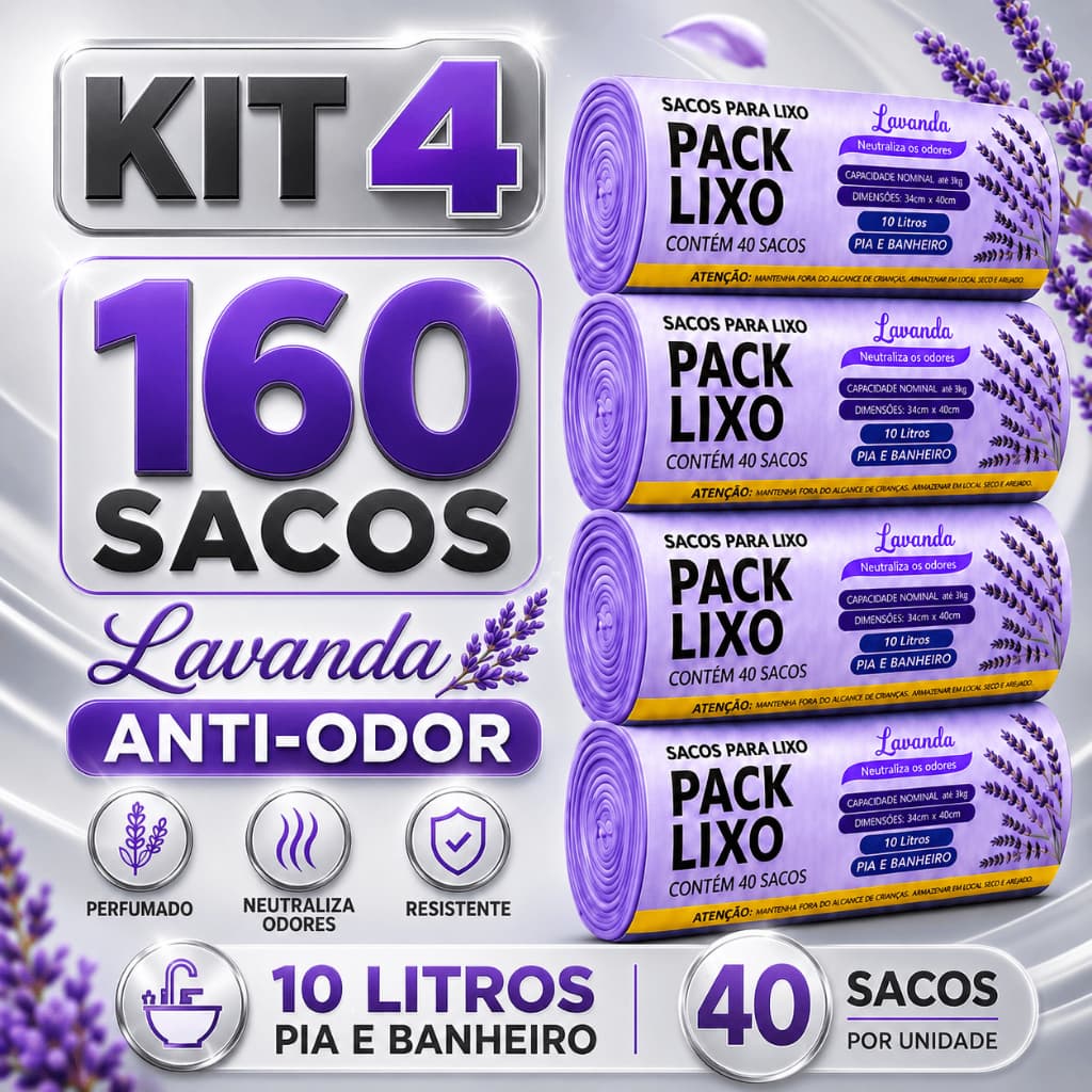 Kit 4 Sacos de Lixo Perfumados Lavanda 10L Packs 160 Sacos Pia e Banheiro 34x40cm Neutraliza Odores