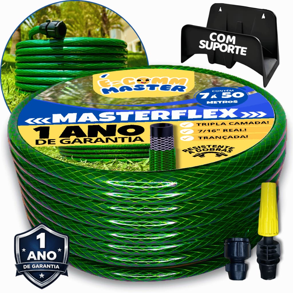 Kit Mangueira de Jardim Trançada Verde com Suporte, 7m á 50m, Reforçada, Tripla Camada, 7/16"