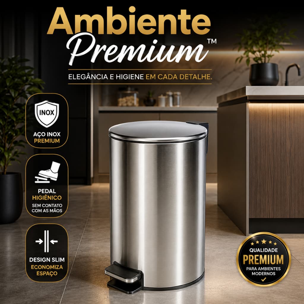 Lixeira Inox 12 Litros Slim Design Moderno Pedal Pratico Acionamento Resistente