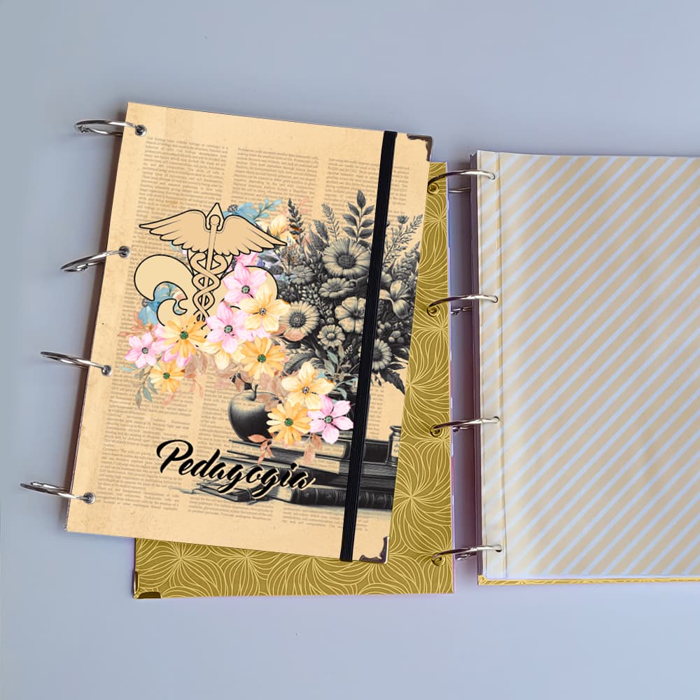 Caderno Argolado Pedagogia Vintage (Capa e Argolas) Universitário Colegial A5 Fichário professor pedagogo