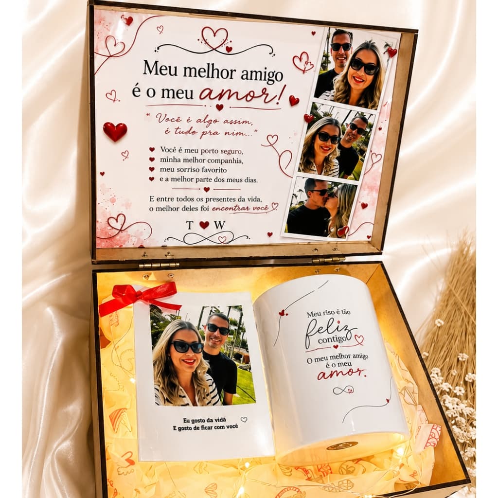 Kit Presente Namorados - Caixa Personalizada com Caneca, Fotos e Fio de Fada