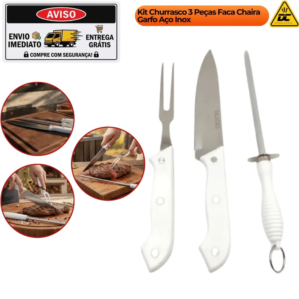 Kit Churrasco 3 Peças Faca Chaira Garfo Aço Inox Com Amolador
