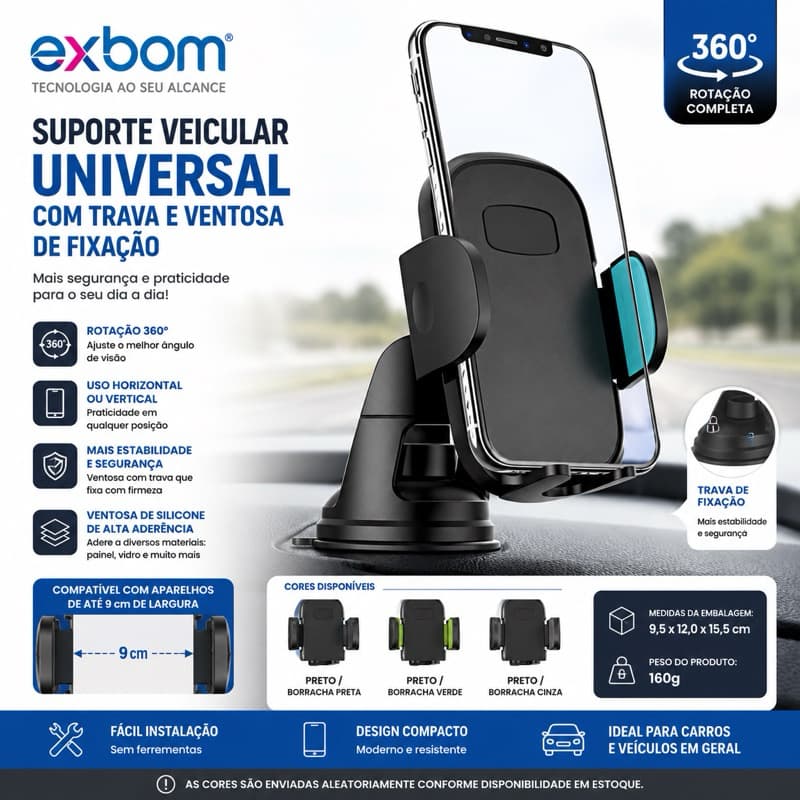 Suporte Veicular para Celular com Trava Automática e Ventosa Super Fixa