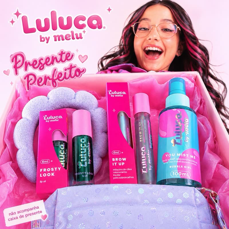 Kit Luluca by Melu Azul Candy Presente Completo Edição Limitada Body Splash Creme Gloss Máscara + Tiara Nuvem