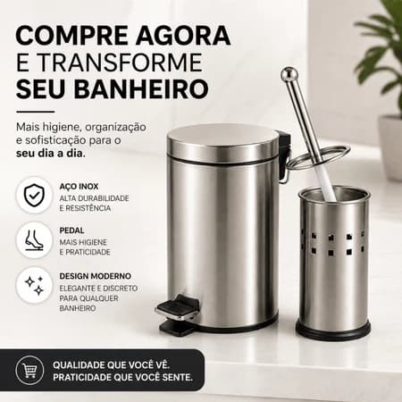 Kit Lixeira Inox 5L ou 3L + Escova Sanitária com Suporte Inox Praticidade, Higiene Design moderno