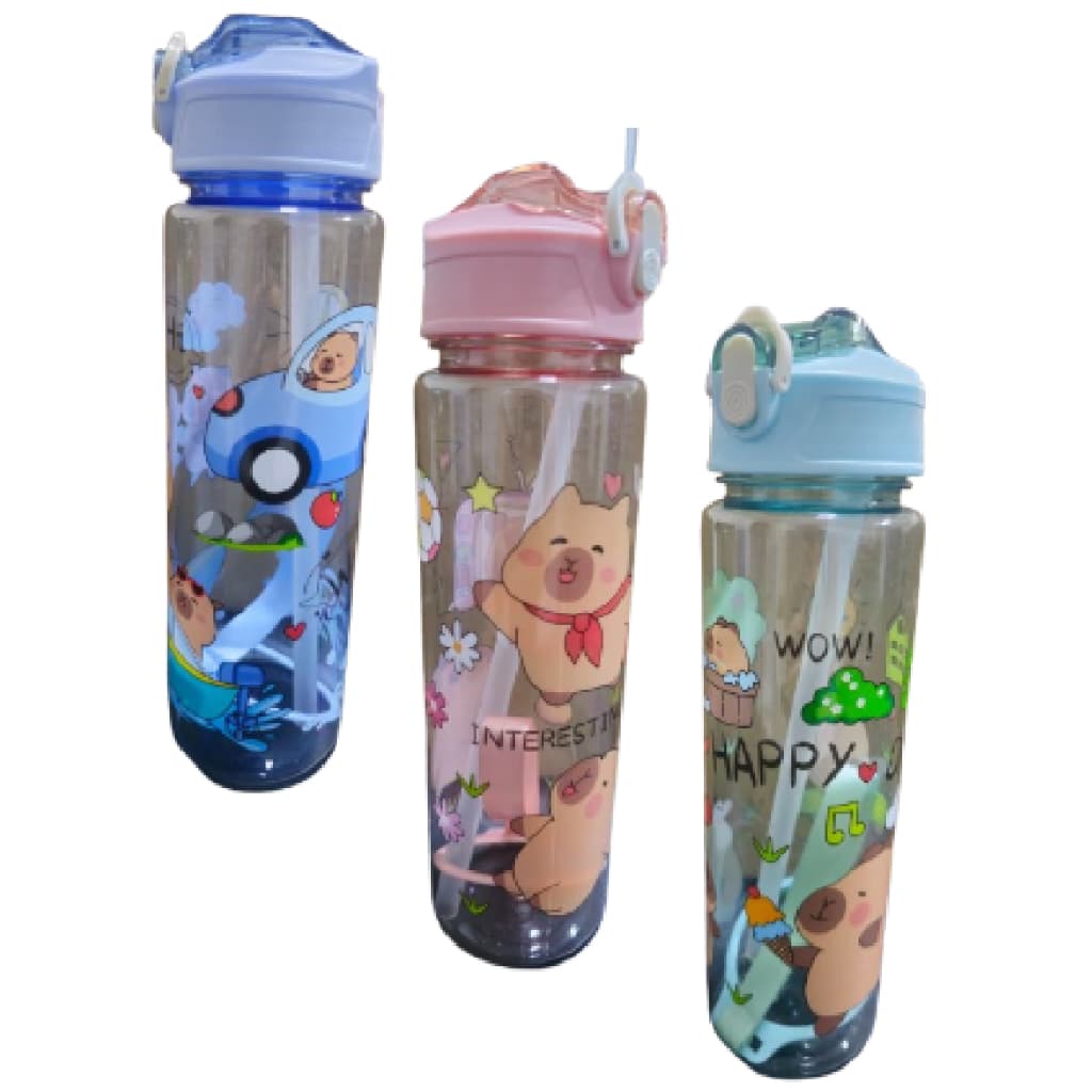 Garrafinha Infantil Capivara 750Ml Trava Alça Canudo Transparente Fofa Decorada