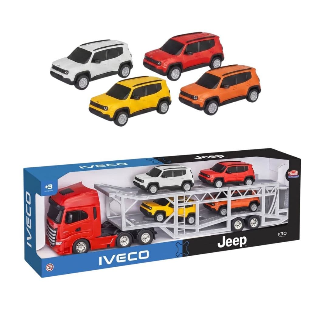 Caminhão Iveco Cegonha e Jeep presente infantil com 4 carrinhos. Diversão completa para os pequenos!