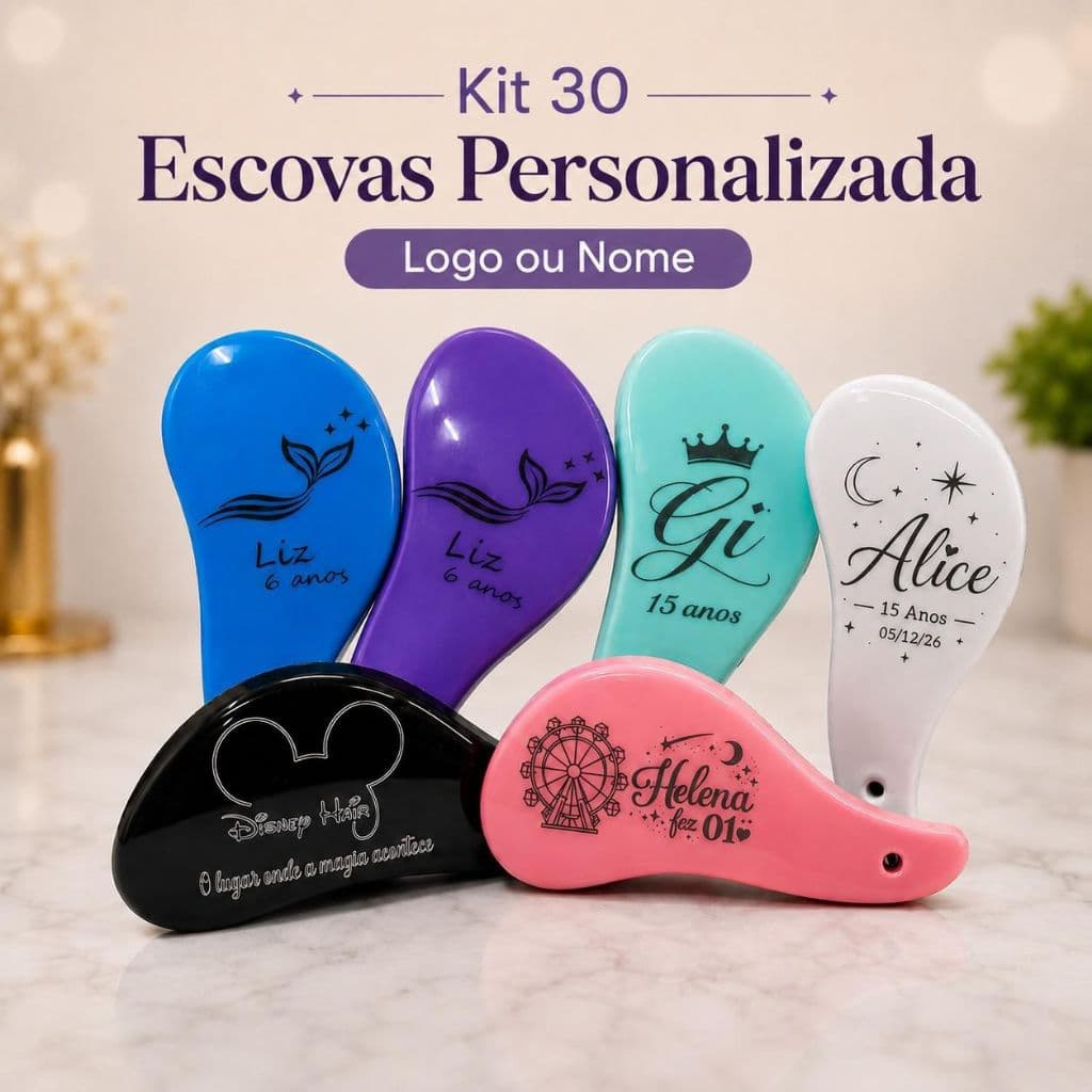 Kit 30 peças escovas Mágica  Personalizada  ( Gravação a Laser ) Lembrança Desembaraça os Fios