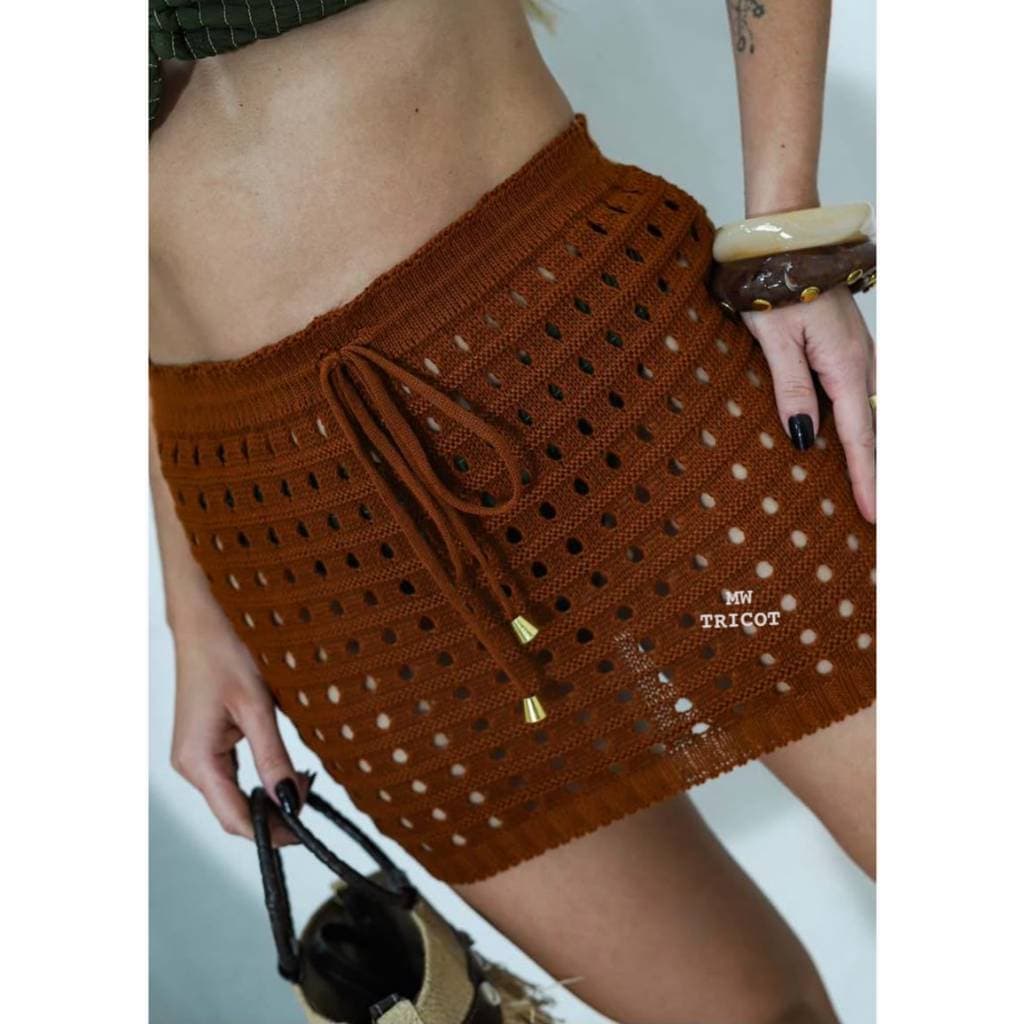 Saída de Praia Saia Dubai Tricot Ponto Crochê Moda Verão Piscina Banho c/ Elástico e Cordão no Cós