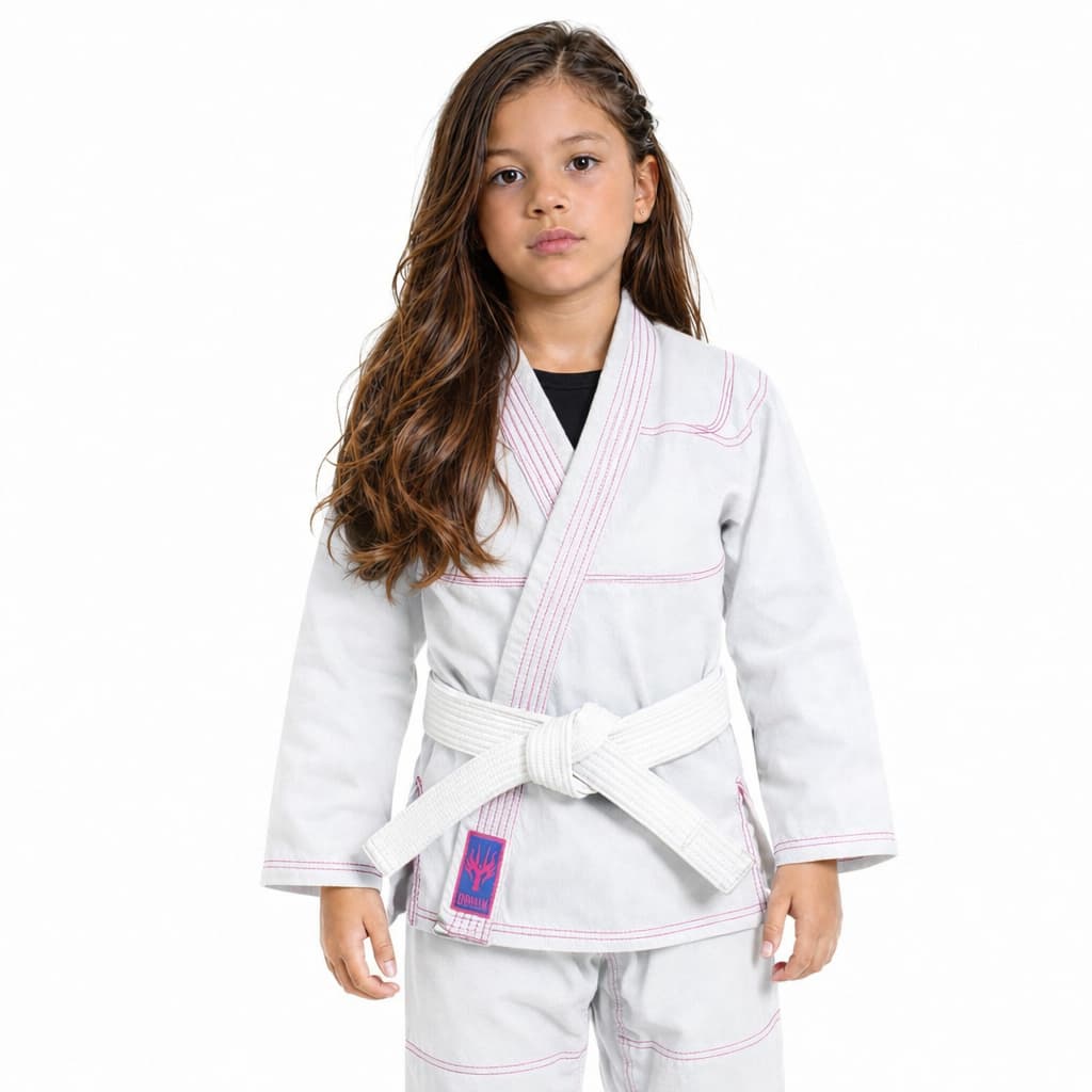 Kimono Infantil Jiu - Jitsu Trançado Draken Branco com Costura Rosa + faixa Branca simples