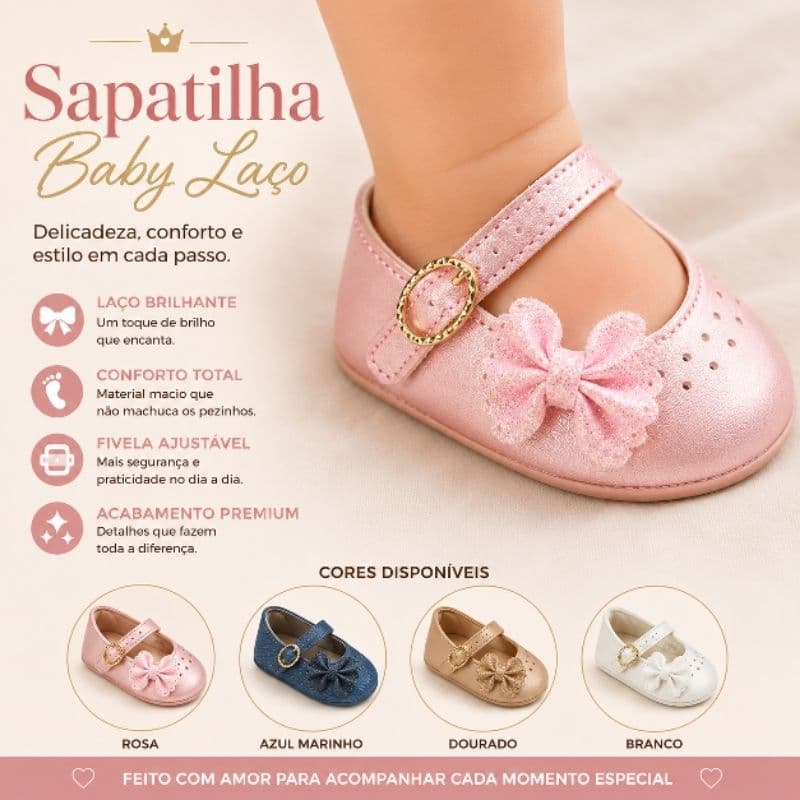 Sapatilha Bebê Menina Pimpolho com Laço Glitter e Fivela Dourada Confortável