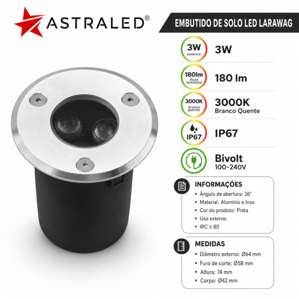 Luminária LED Embutida de Solo Astraled 3W 3000K IP67 Bivolt Inox