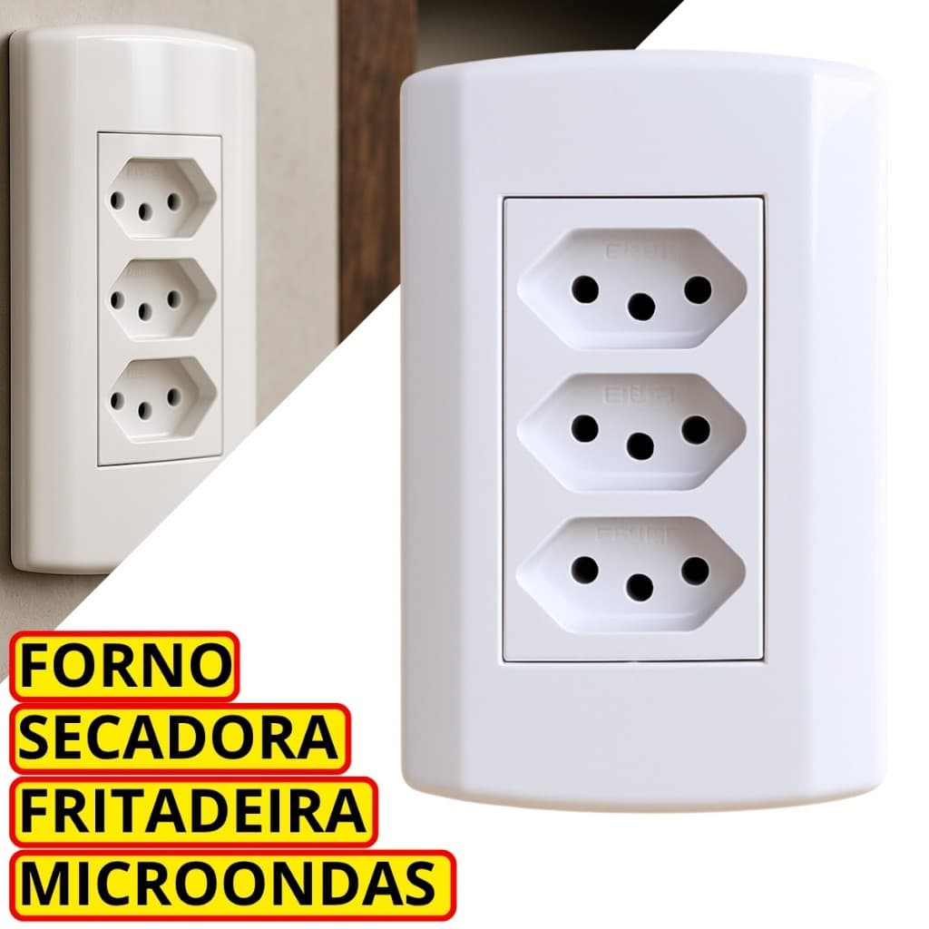 Tomada 20A Amperes Tripla Monobloco Modular Linha Branca 10A 20A Pino Grosso 220V 127V